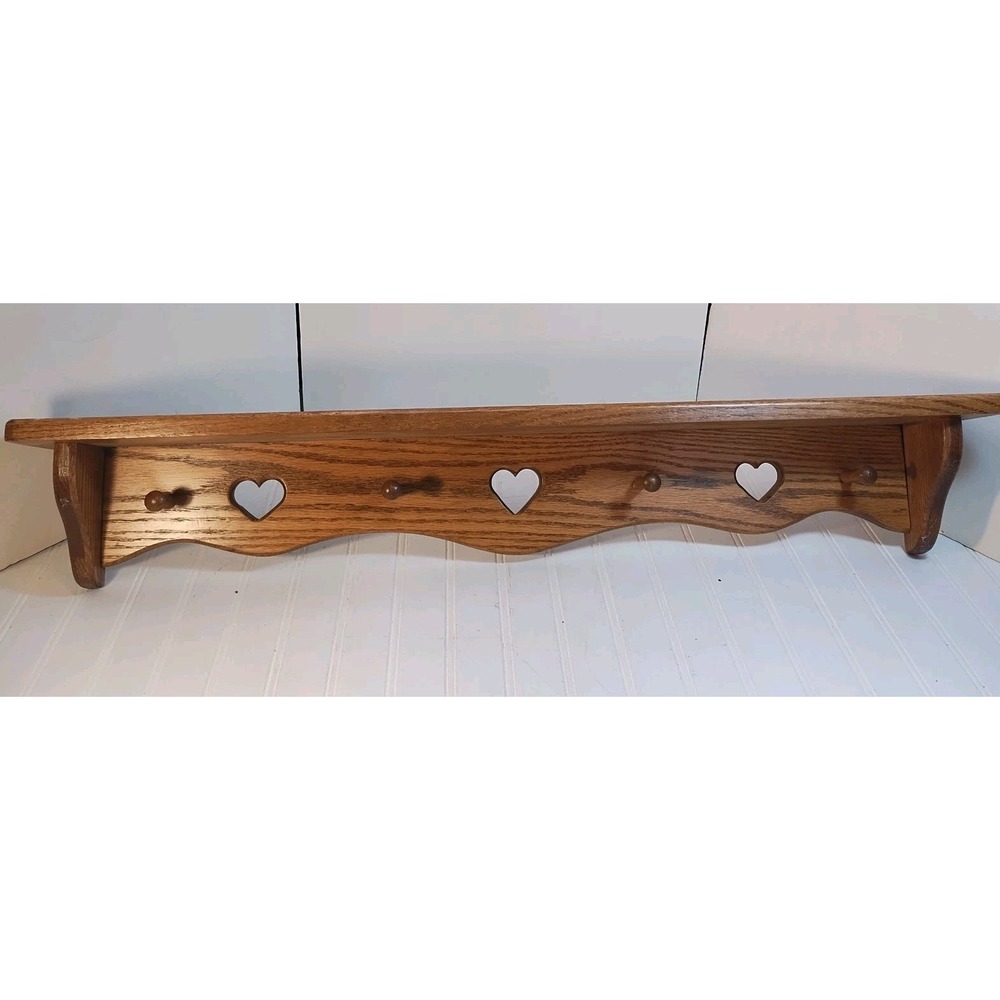 Vintage Heart Cut Out Wood 4 Peg Wood Floating 36" Shelf Cottagecore Farmhouse